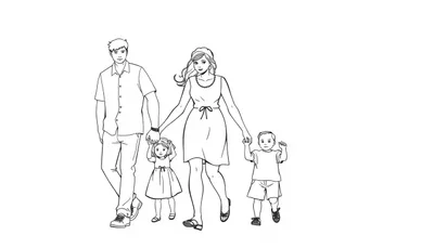 Kleurplaat van een gezin met vier personen: een vader, moeder, dochter en babyzoon die samen vrolijk wandelen.