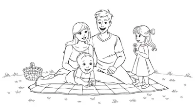 Kleurplaat van een gezin tijdens een picknick in de natuur, met een moeder, vader, dochter en baby.