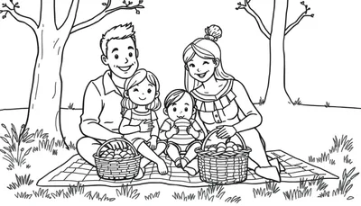 Kleurplaat van een gezin op een picknickkleed in het park met bomen om hen heen.