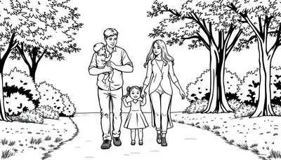Een zwart-wit kleurplaat van een familie in een park. De man houdt een baby vast, de vrouw houdt de hand van een jong meisje vast, terwijl ze op een pad wandelen tussen gras, struiken en bomen.