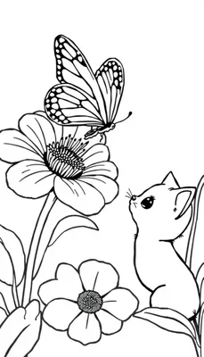 Kleurplaat van een schattig katje dat nieuwsgierig naar een vlinder kijkt, omringd door bloemen.
