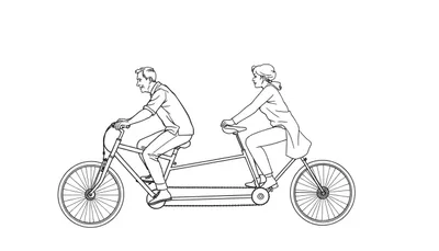 Kleurplaat van twee personen op een tandemfiets, vrolijk fietsend samen.