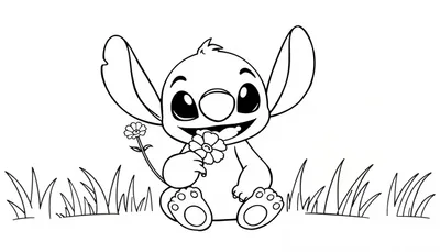 Kleurplaat van Stitch die vrolijk twee bloemetjes vasthoudt terwijl hij tussen het gras zit.