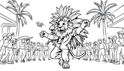 Een vrolijke kleurplaat van een dansende leeuw in trainingspak met veren tooi tijdens een Braziliaans carnaval.