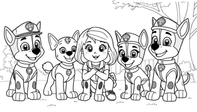Kleurplaat van een meisje met blond haar, omringd door de schattige honden van de PAW Patrol in uniformen.