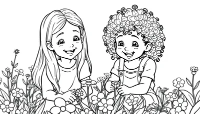 Een kleurplaat van twee lachende kinderen in een kleurrijke tuin vol bloemen.
