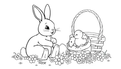 Kleurplaat met een schattig konijn op het gras, een mand met kuikens en bloemen in een lenteachtige setting.