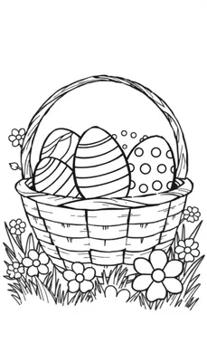 Kleurplaat van een mand vol versierde paaseieren met bloemen en gras eromheen.