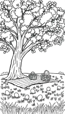 Een kleurplaat van een grote boom met een picknickkleed, manden en paaseieren op een grasveld.