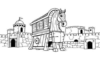 Een zwart-wit tekening van het houten paard van Troje met een stadsmuur op de achtergrond, ontworpen als kleurplaat.