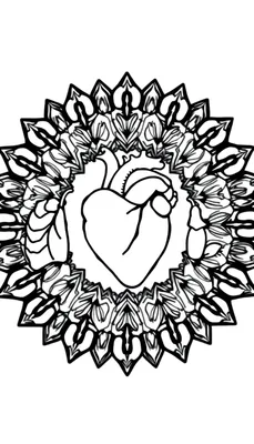 Een zwart-wit kleurplaat met een anatomisch hart in het midden, omringd door een mandala-achtig patroon van bloemen en symmetrische vormen.
