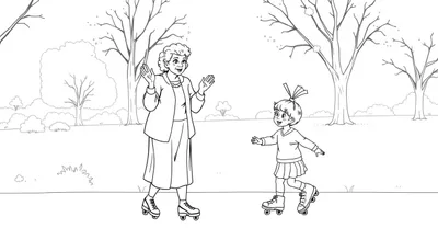 Kleurplaat van oma en haar kleinkind op rolschaatsen in het park.