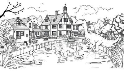 Kleurplaat van een vrolijk dorpslandschap met een grote dinosaurus en eenden in een zwart-wit tekening.