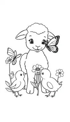Kleurplaat van een schattig lammetje met bloemen, twee kuikens en twee vlinders, één vlinder op de wang van het lammetje.