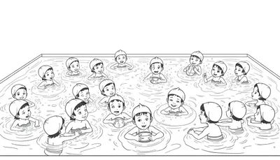 Kleurrijke zwemkleurplaat van blije kinderen die in een zwembad watertrappelen en plezier maken.