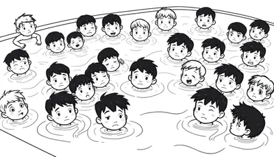 Kleurplaat van een zwembad met een groep jongens die watertrappelen, met verschillende gezichten en een jongen aan de kant.