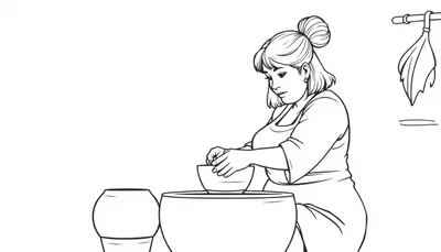 Kleurplaat van een vrouw die in de keuken bezig is met een kom en potten, met haar haar in een knot en een schort aan.