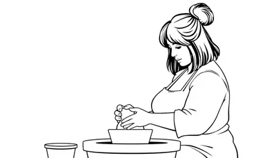 Kleurplaat van een vrouw die potten bakt op een draaischijf, met een schort en haar haar in een knot