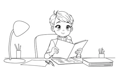 Kleurplaat van een jong persoon met een vriendelijke uitstraling die aan een bureau zit en leest, met een lamp, pennen, en papieren op het bureau.