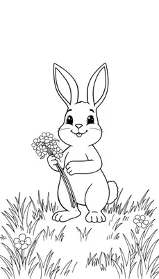 Zwart-wit kleurplaat van een schattig konijn dat een bosje bloemen vasthoudt in een weide.