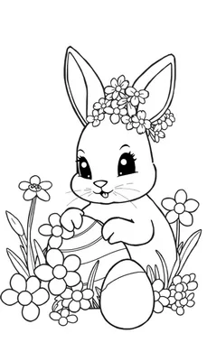 Kleurplaat van een schattig konijntje met bloemenkrans, dat tussen bloemen zit met een mandje en een grote paasei naast zich.