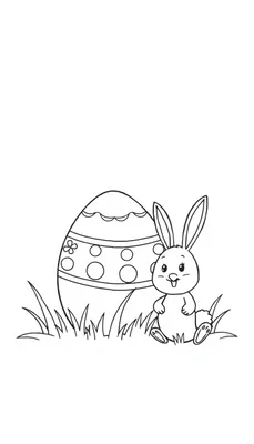 Kleurplaat van een schattig konijntje met grote oren zittend in het gras naast een groot, decoratief paasei met patronen, ideale kleurplaat voor Pasen.
