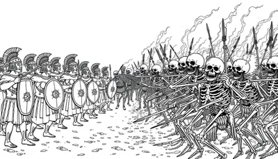 Kleurenplaat van een strijd tussen een leger van Romeinse soldaten en een leger van skeletten met vlammen