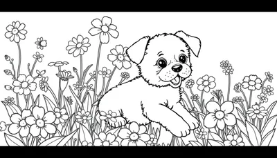 Zwart-wit kleurplaat van een schattige puppy in een bloemenveld, klaar om ingekleurd te worden, geschikt voor kinderen.
