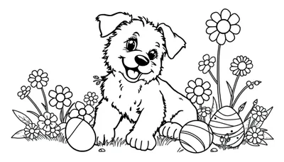 Kleurplaat van een vrolijke puppy die tussen bloemen en paaseieren zit, klaar om gekleurd te worden.