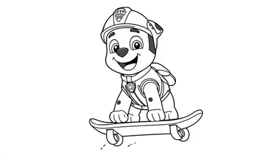 Kleurplaat van een vrolijke puppy op een skateboard met een uniform en hoed.
