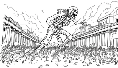 Zwart-wit kleurplaat van een grote, angstaanjagende skelet die de oude stad Rome onder chaos brengt, met strijders die zich klaarmaken voor de strijd.