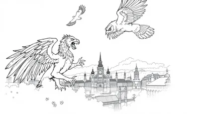 Een kleurrijke kleurplaat van een grote uil die Amersfoort vernietigt, met fantasiewezens en een stad op de achtergrond.