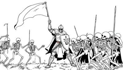 Kleurenplaat van een heldhaftige ridder die vecht tegen een groep skeletten in een fantasiegevecht.