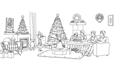 Kleurplaat van een gezellige kerstkamer met familie, kerstboom, cadeautjes, en huisdieren.