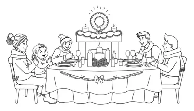 Kleurplaat van een gezellige familie Kerstfeest met vijf mensen rond een feestelijk gedekte tafel, versierd met kaarsen en dennenversiering.