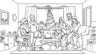 Kleurplaat van een gezellige kerstfeest scene met een grote familie, kerstboom, cadeautjes en kinderen die taart eten.