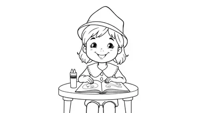 Kleurplaat van een lachend kind met korte haren, hoed, aan een tafel met een open boek en kleurpotloden, geschikt als kleurplaat voor kinderen.
