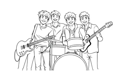 Kleurplaat van een vrolijke boyband met vier jonge muzikanten die lachen en samen met hun instrumenten poseren.