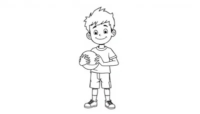 Kleurplaat van een lachende jongen die een bal vasthoudt, klaar voor een voetbalwedstrijd.