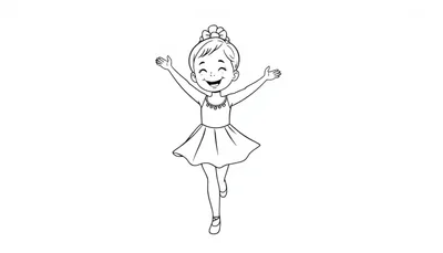 Kleurplaat van een blij, lachend meisje dat danst met haar armen wijd uitgestrekt, in een jurk en met haar haar in een knot.