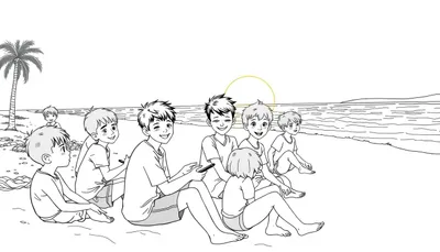Kleurplaat van een groep kinderen die samen plezier maken op het strand tijdens zonsondergang, met een palmboom op de achtergrond