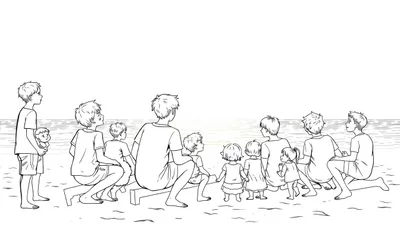 Kleurplaat van een grote familie met kinderen en baby op het strand bij zonsondergang, allemaal lachen en genieten van de zon en de zee.
