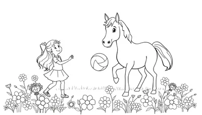 Kleurenplaat van een blij meisje met paardenstaart die speelt met een paard tussen bloemen