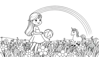 Kleurplaat met een meisje, een unicorn, een regenboog en bloemen