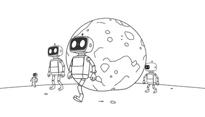 Een kleurplaat van vier robots die over een buitenaards landschap lopen met een grote planeet op de achtergrond.
