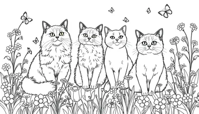 Kleurplaat van vier katten in een bloemenveld met vlinders, allemaal zwart-wit getekend voor kinderen om in te kleuren.