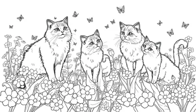 Kleurplaat met vier katten in een tuin vol bloemen, vlinders en planten.