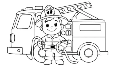 Kleurplaat van een vrolijke brandweerman in een brandweeruniform met helm, die een brandslang vasthoudt voor een brandweerwagen met ladder en wielen.