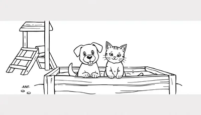 Kinderkleurplaat van een hond en kat in een zandbak met speeltoestel en glijbaan.