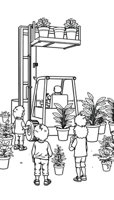 Kleurplaat van een slimme vorkheftruck met een platform vol bloempotten, kinderen die ernaar kijken, in een tuincentrum